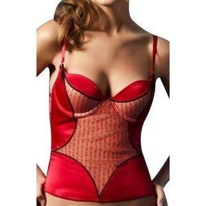 PO JEZEBEL 30148 34C Red Black SATIN ZIP IT UP PUSH-UP BUSTIER 96339